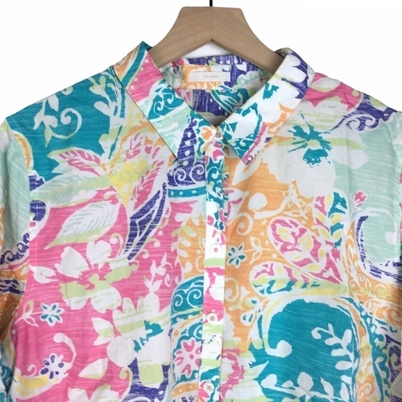 CHICO’S Shacket Top Button Front Tie Front No Iron Floral Tropical Size 16 XL - Picture 2 of 12